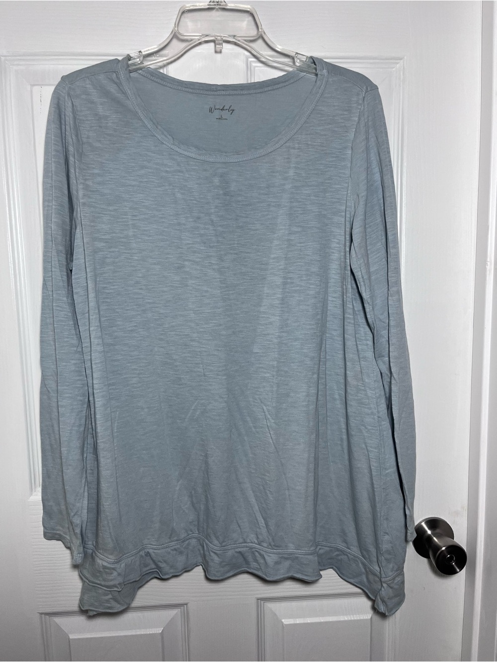 Wonderly Long Sleeve Crewneck Top in Light Blue/Gray